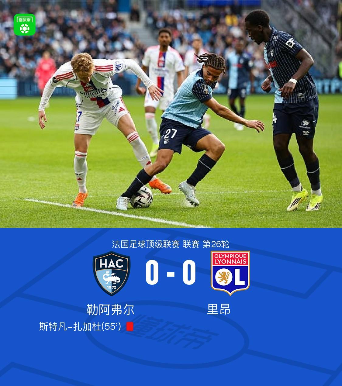 里昂客场0-0十人勒阿弗尔，斯特凡-扎加杜染红，内戈抽射中柱